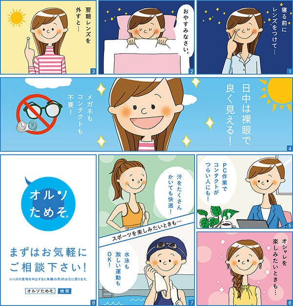 オルソケラトロジーについてわかりやすく紹介したマンガです。